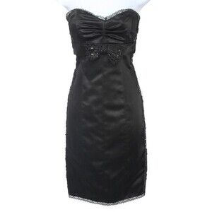 BETSEY JOHNSON Black Satin Embellished Bow Fitted Strapless Cocktail Dress Sz 0